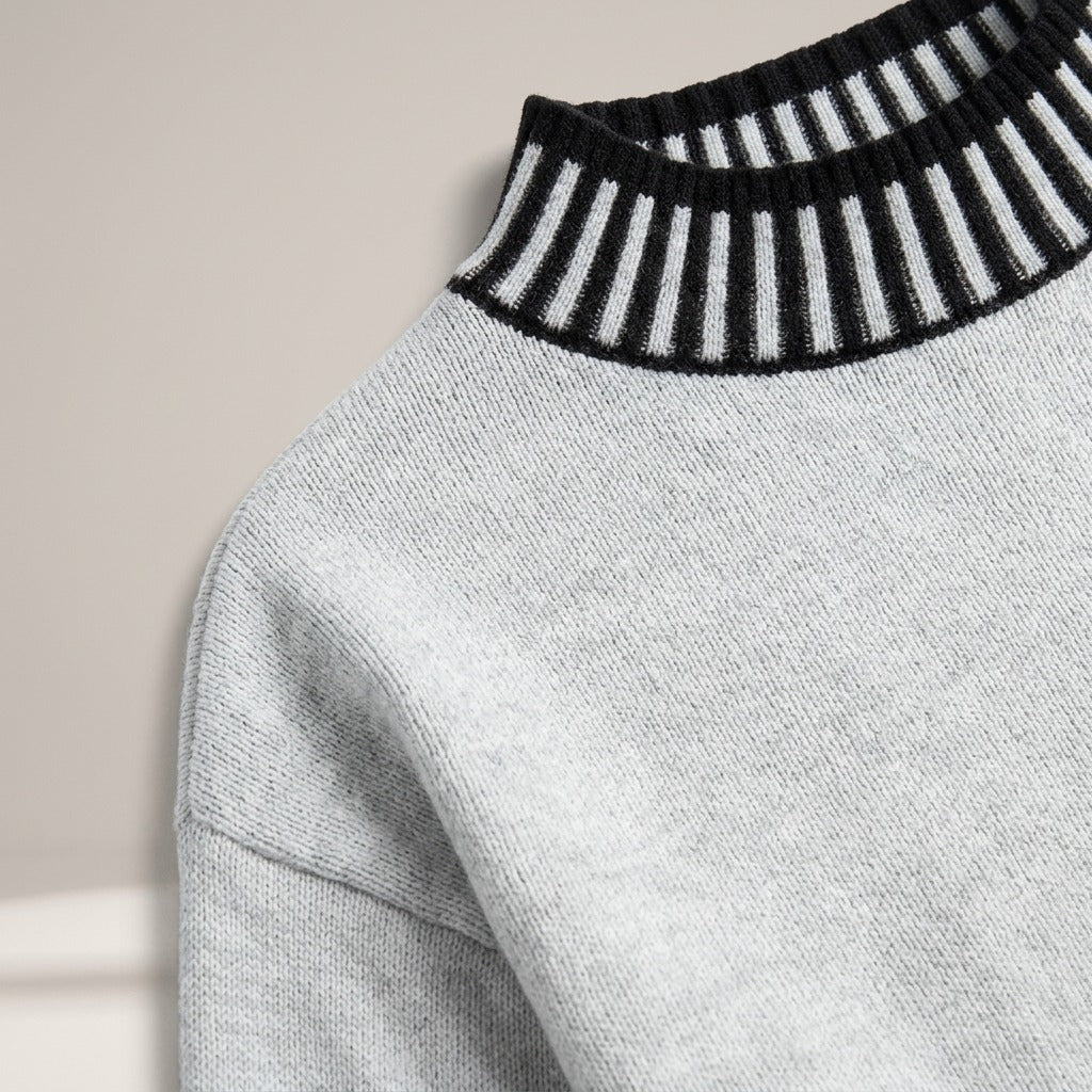 Florence Striped Trim Mock Neck Belted Sweater Dress — Light Gray, view 4