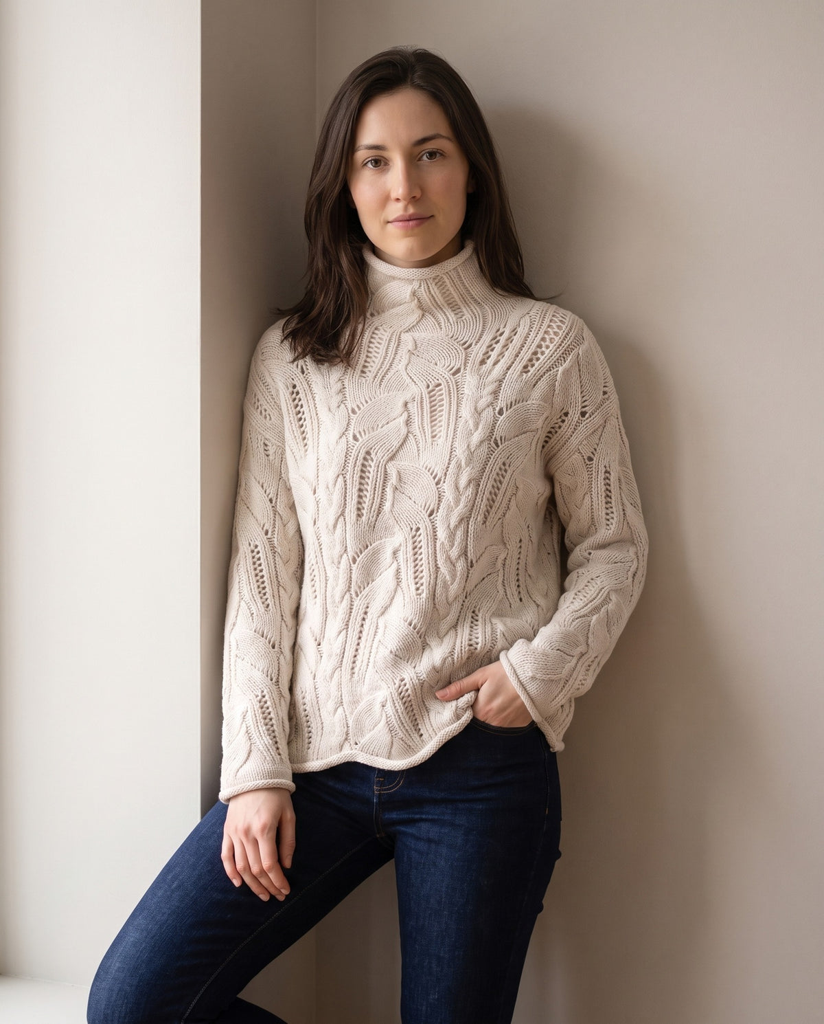 Agnes Open Knit Cable Turtleneck Sweater — Cream, view 5
