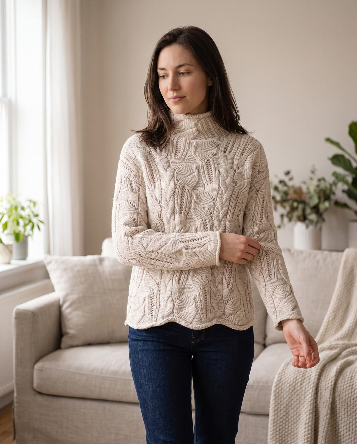Agnes Open Knit Cable Turtleneck Sweater — Cream, view 6