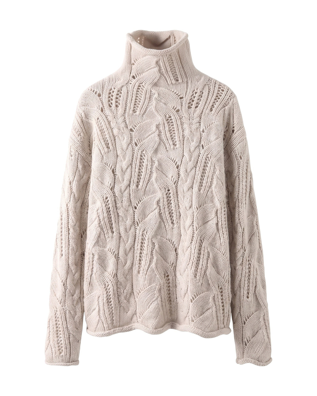 Agnes Open Knit Cable Turtleneck Sweater — Cream, front view