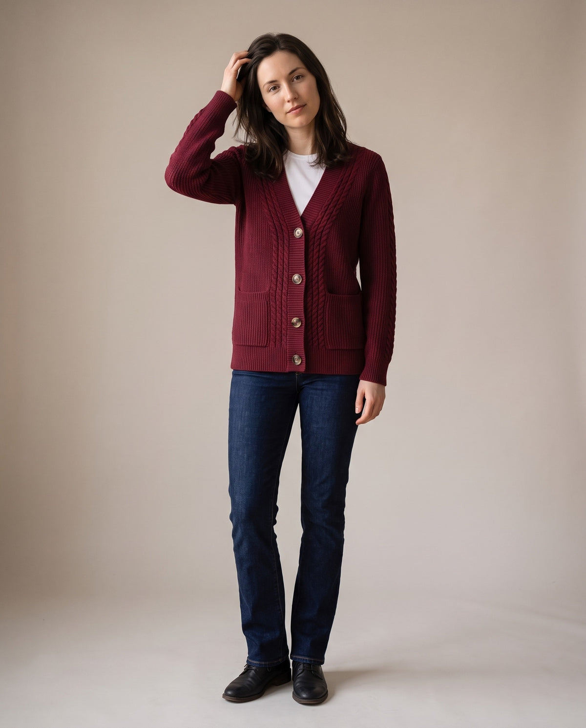 Anouk Cable Knit V-Neck Button Cardigan — Burgundy, view 5