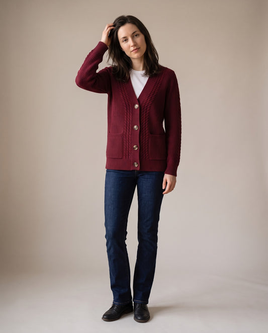 Anouk Cable Knit V-Neck Button Cardigan — Burgundy, view 5