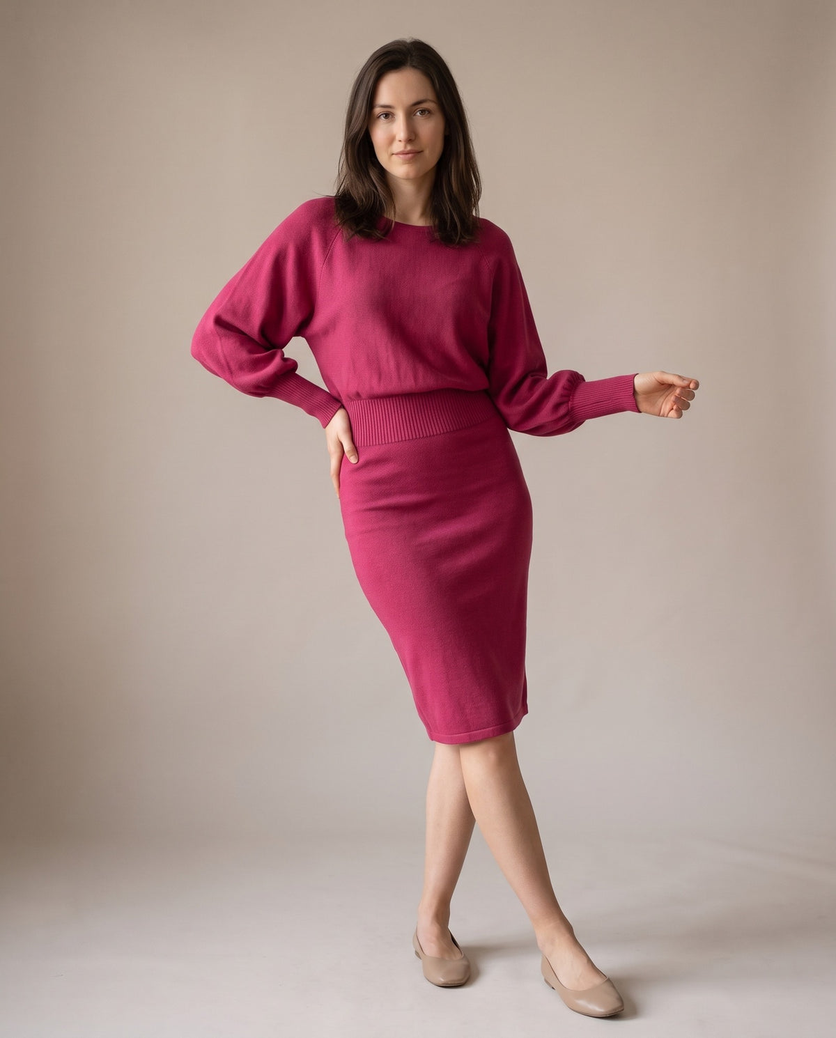 Aurelia Balloon Sleeve Crewneck Sweater Dress — Raspberry Pink, view 5