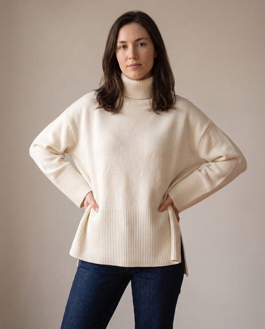 Cordelia Oversized Turtleneck Sweater with Ribbed Hem — Cream, view 5