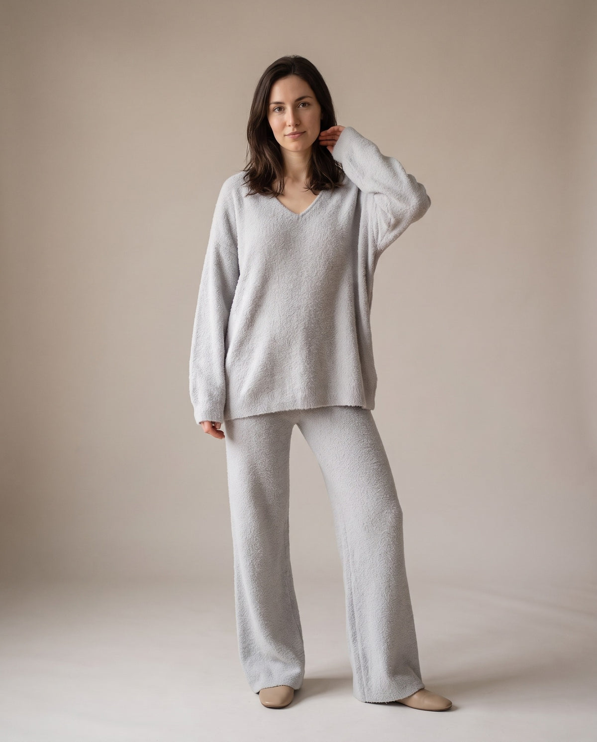 Dahlia Oversized V Neck Sweater and Wide Leg Pants Set — Light Gray, view 5