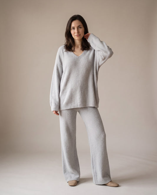 Dahlia Oversized V Neck Sweater and Wide Leg Pants Set — Light Gray, view 5