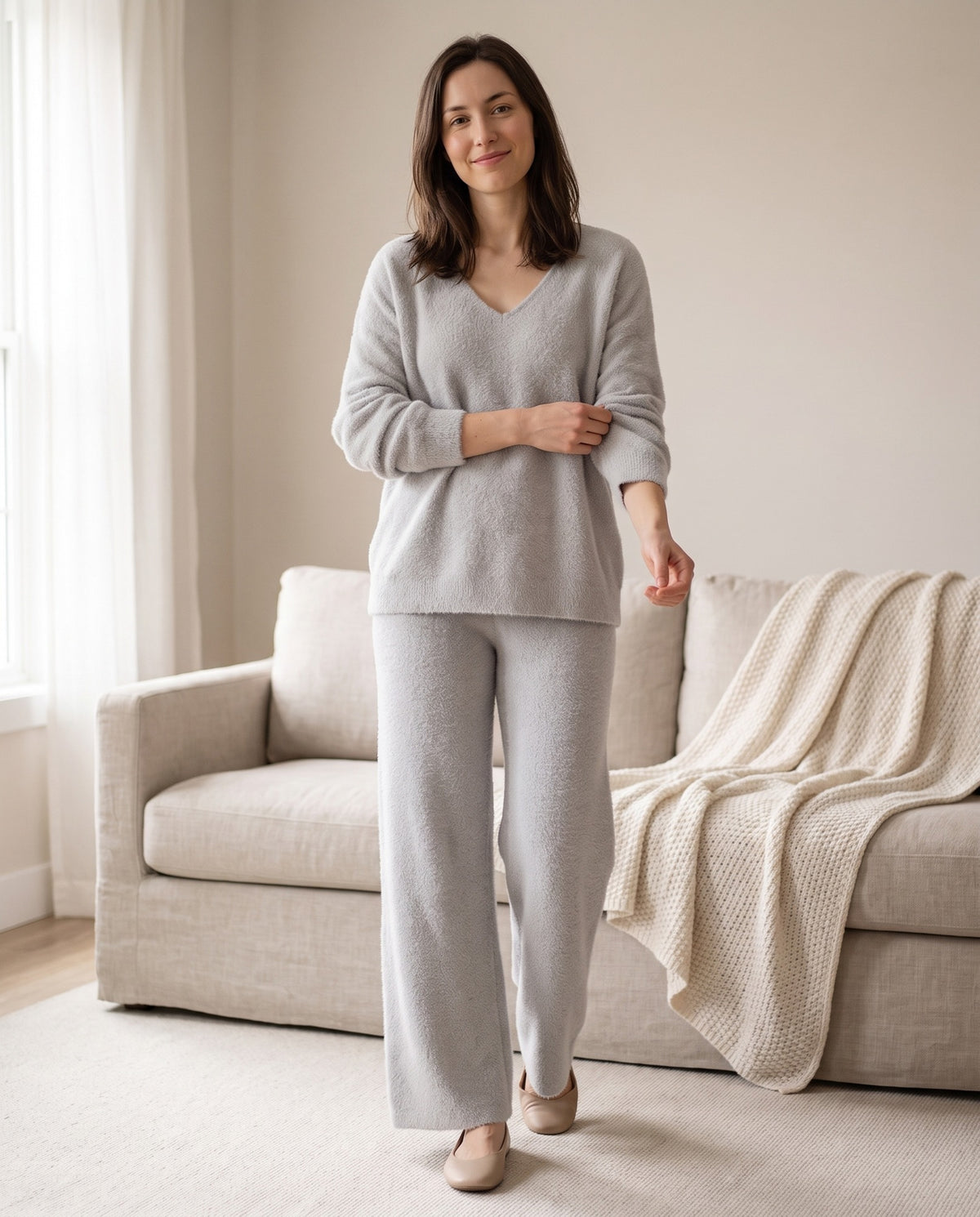 Dahlia Oversized V Neck Sweater and Wide Leg Pants Set — Light Gray, view 6