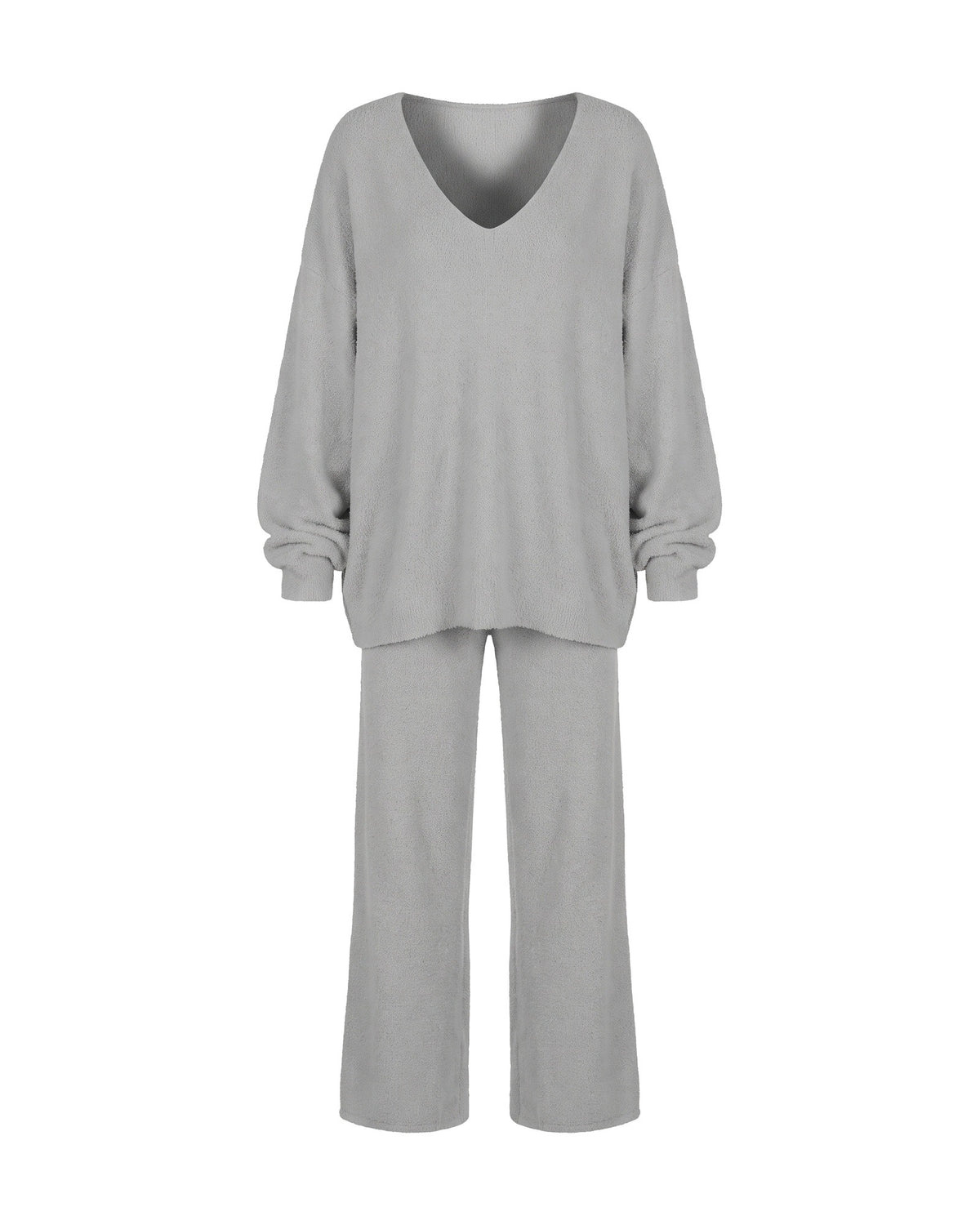Dahlia Oversized V Neck Sweater and Wide Leg Pants Set — Light Gray, front view