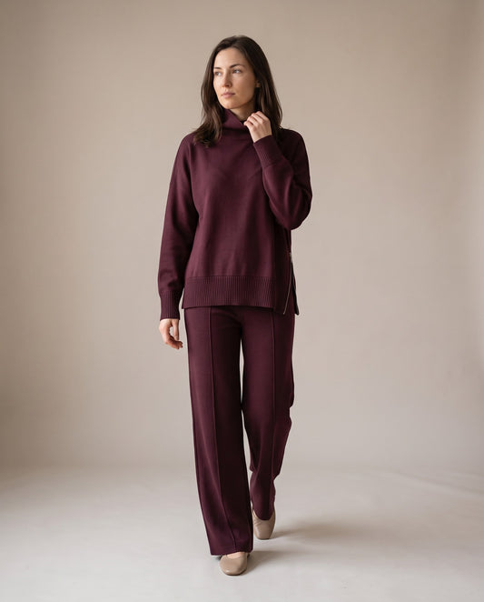 Dorothea Funnel Neck Side Zip Pullover and Wide Leg Pants Set — Burgundy, view 5