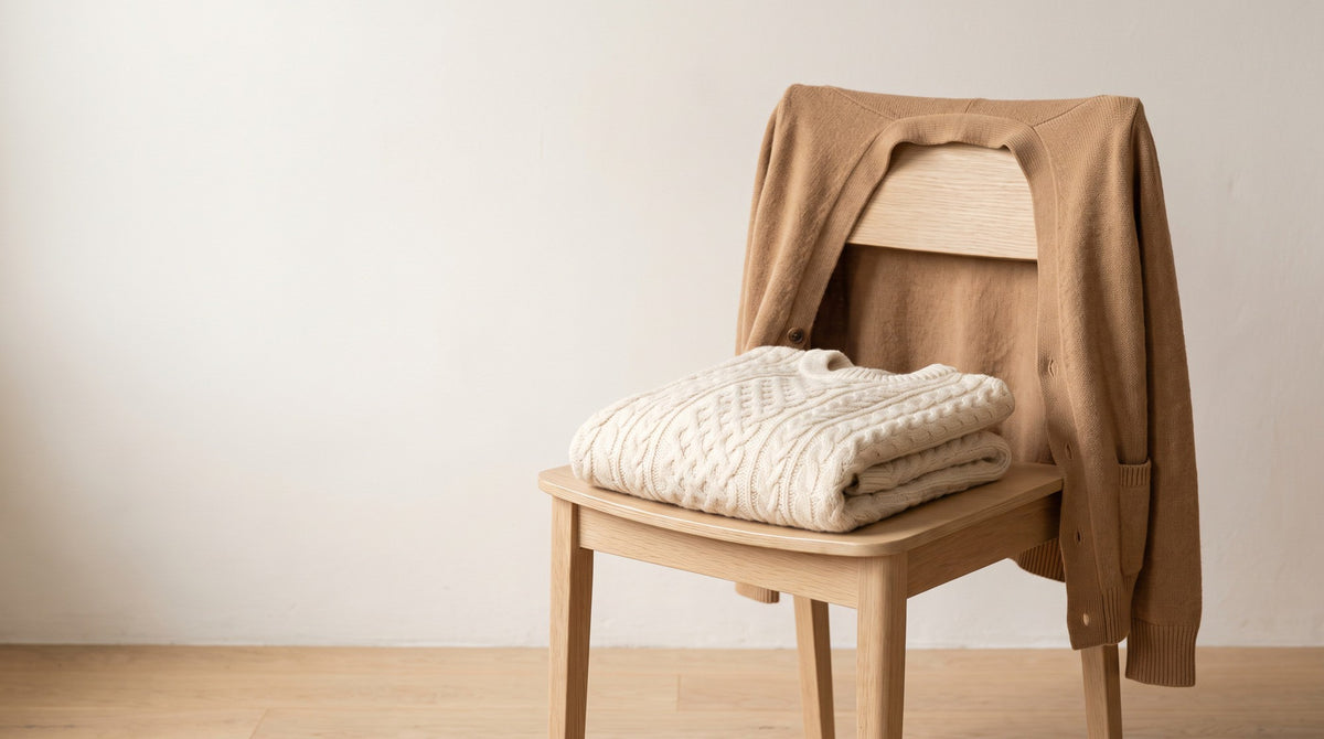 A folded cream cable-knit sweater and a camel cardigan on a wooden chair