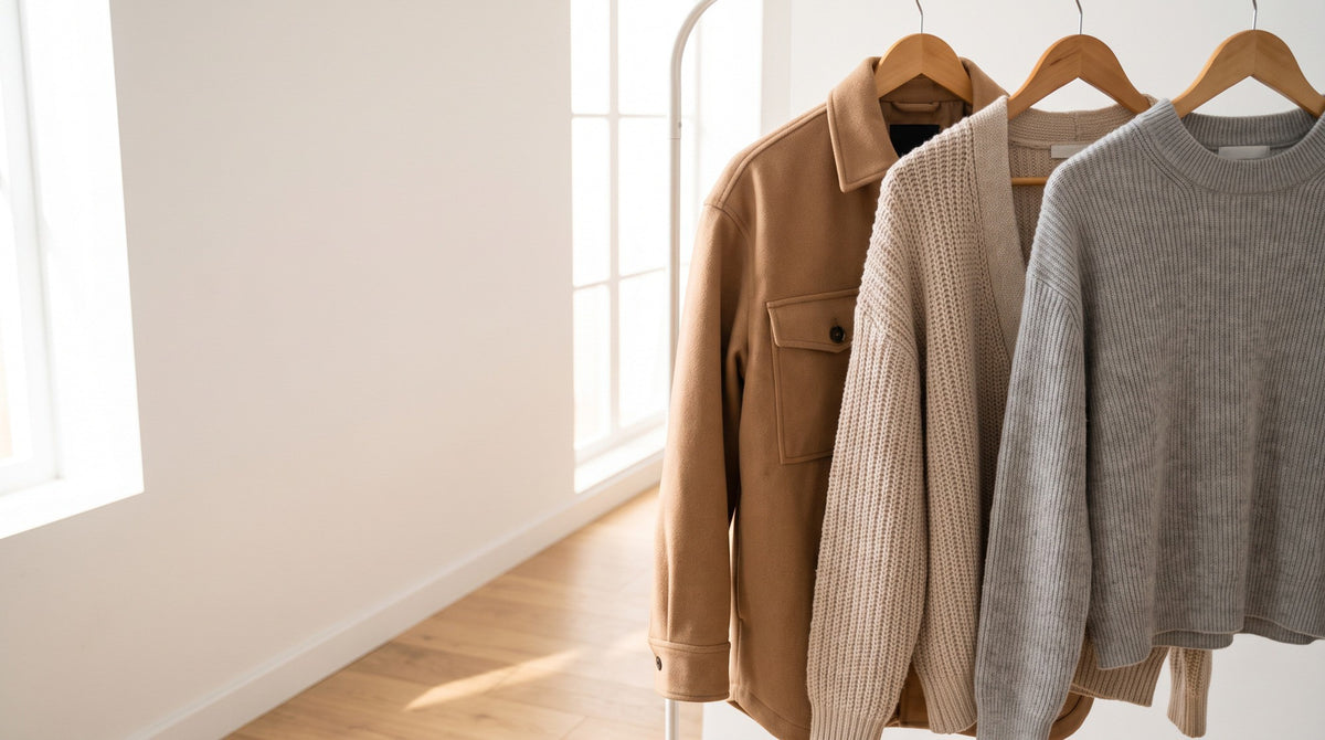 A camel shirt jacket, an oatmeal cardigan and a gray sweater on hangers on a clothing rail