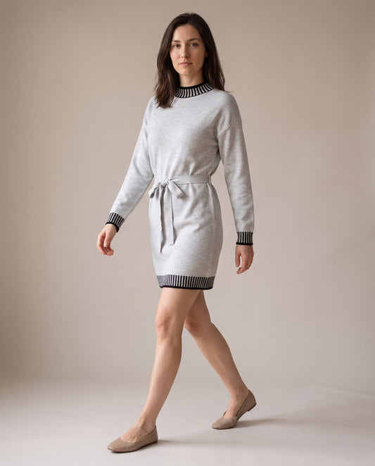 Florence Striped Trim Mock Neck Belted Sweater Dress — Light Gray, view 5
