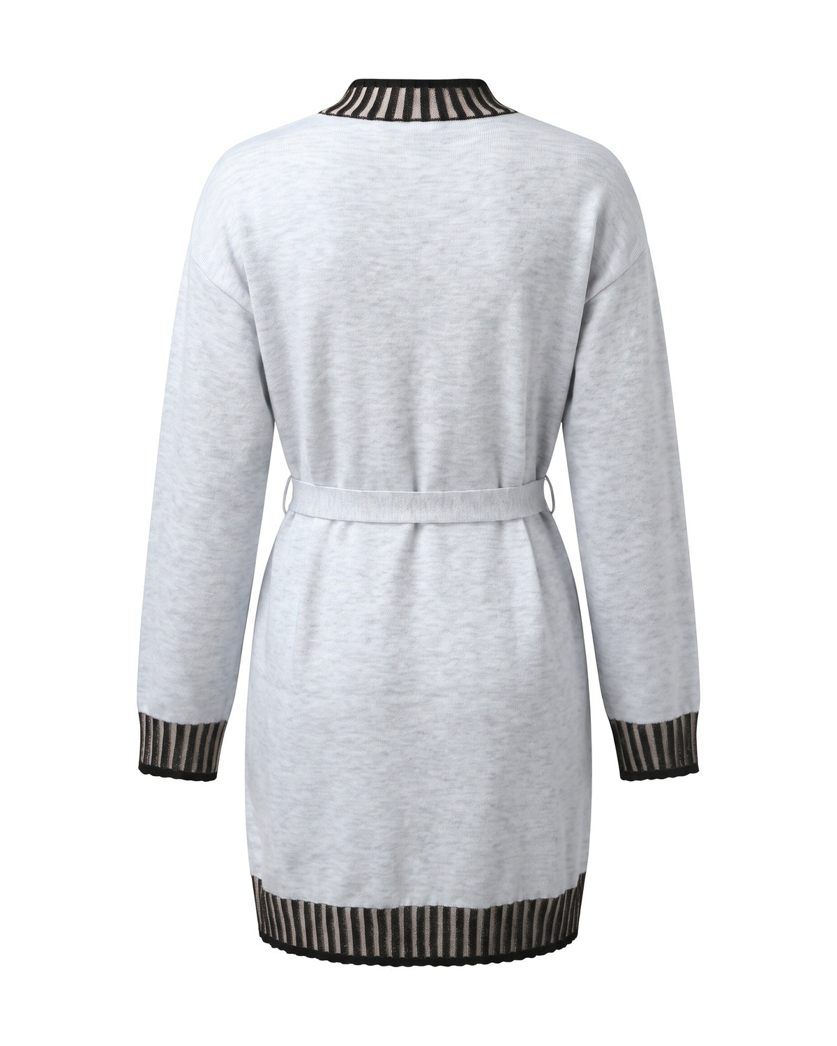Florence Striped Trim Mock Neck Belted Sweater Dress — Light Gray, back view
