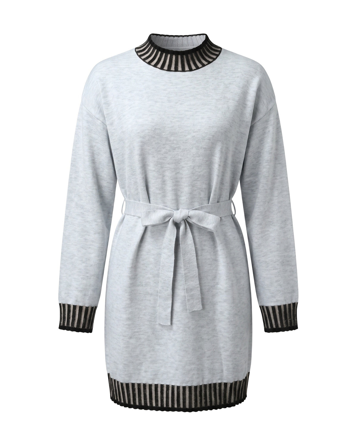 Florence Striped Trim Mock Neck Belted Sweater Dress — Light Gray, front view