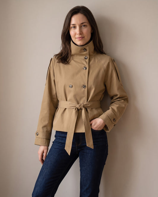 Henrietta Belted Cropped Trench Jacket with Stand Collar — Camel, view 5