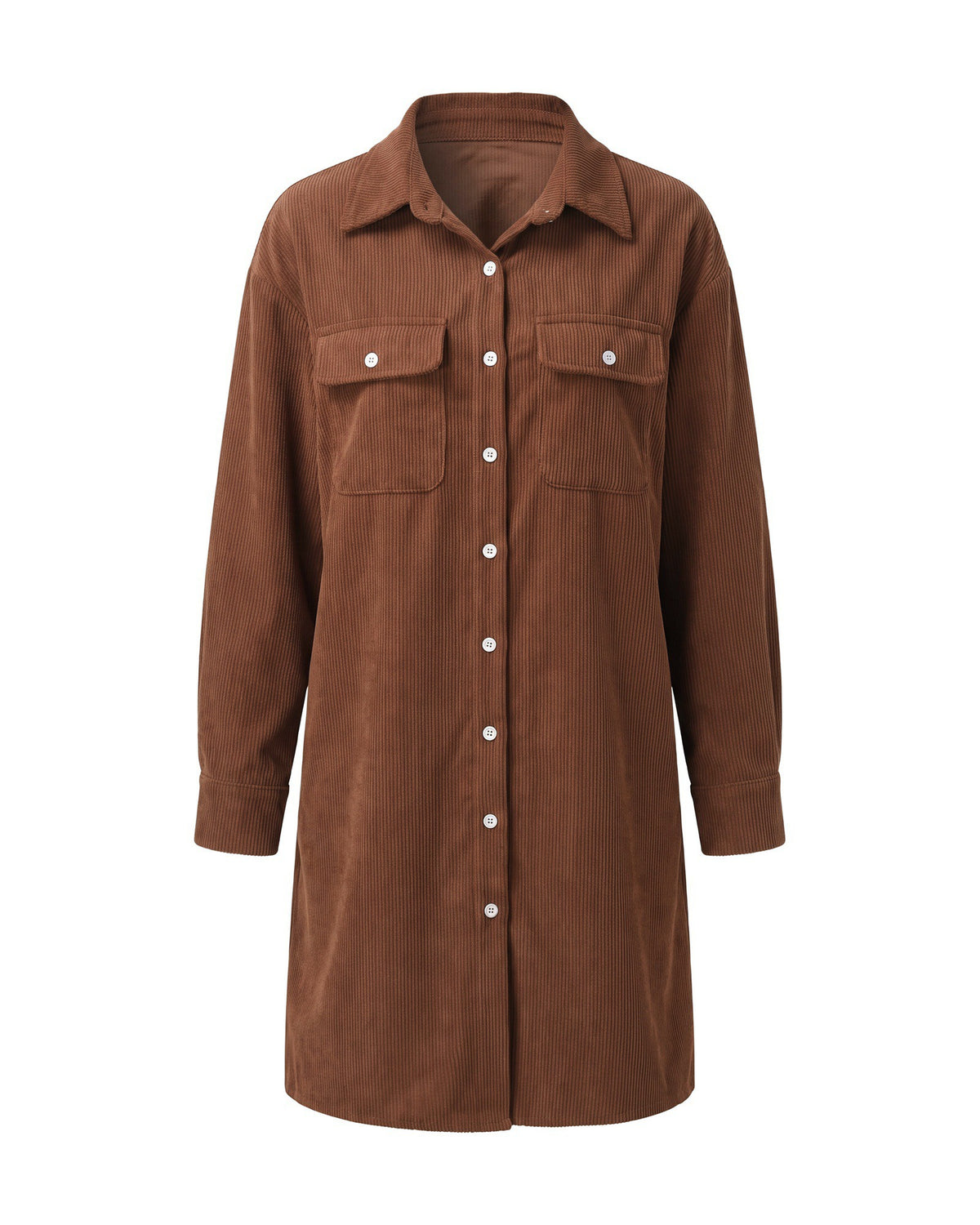 Lavinia Corduroy Button Down Midi Shirt Dress — Brown, front view