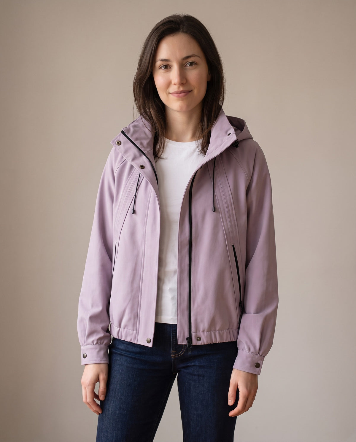 Lorelei Cropped Hooded Zip-Up Jacket with Gathered Hem — Lavender, view 5