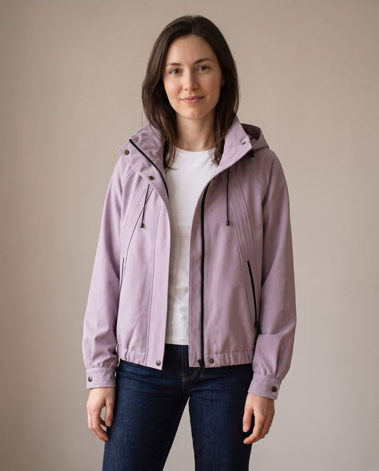 Lorelei Cropped Hooded Zip-Up Jacket with Gathered Hem — Lavender, view 5