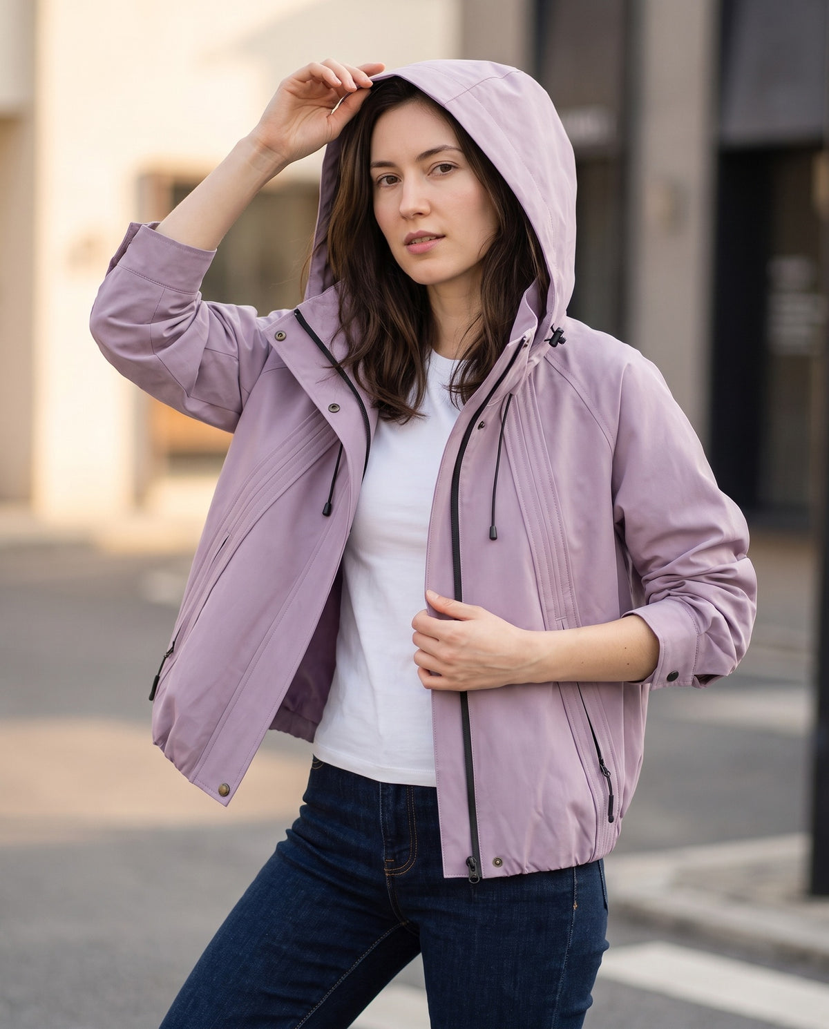 Lorelei Cropped Hooded Zip-Up Jacket with Gathered Hem — Lavender, view 6