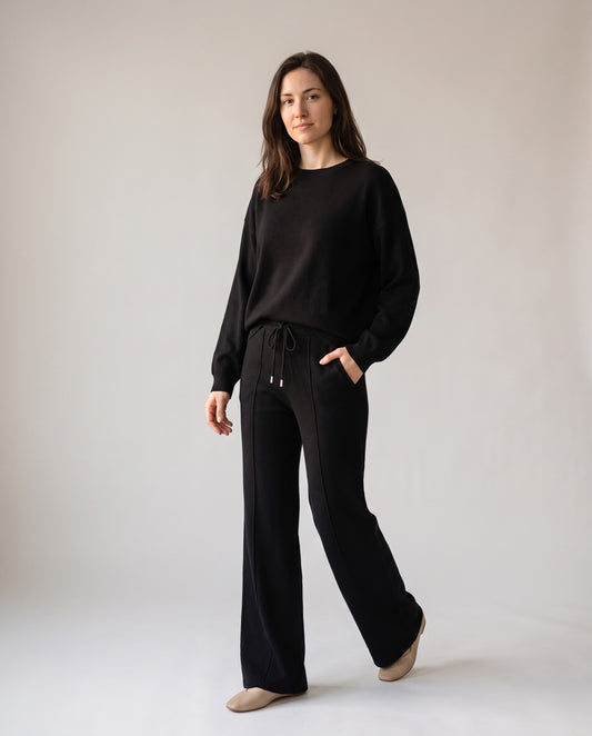 Marguerite Crewneck Pullover and Drawstring Wide Leg Pants Set — Black, view 5