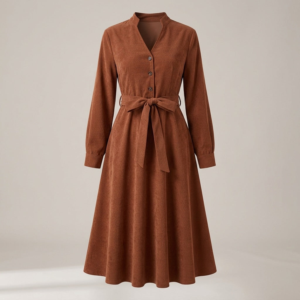 Marigold Corduroy Tie Waist V Neck Midi Dress — Brown