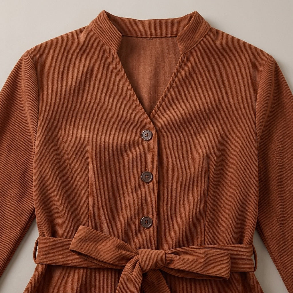 Marigold Corduroy Tie Waist V Neck Midi Dress — Brown, view 4