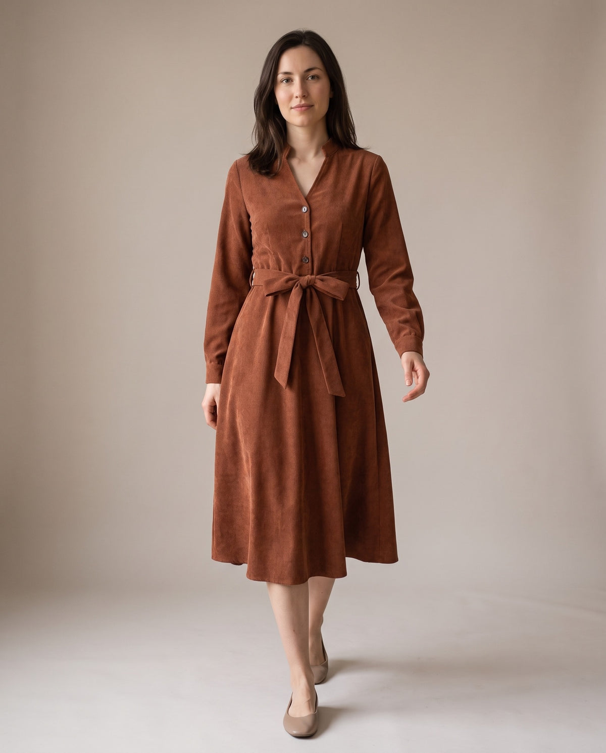 Marigold Corduroy Tie Waist V Neck Midi Dress — Brown, view 5