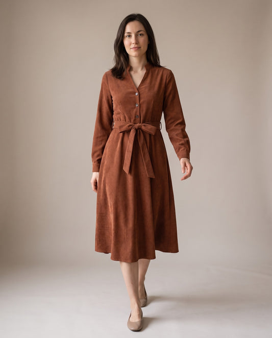 Marigold Corduroy Tie Waist V Neck Midi Dress — Brown, view 5