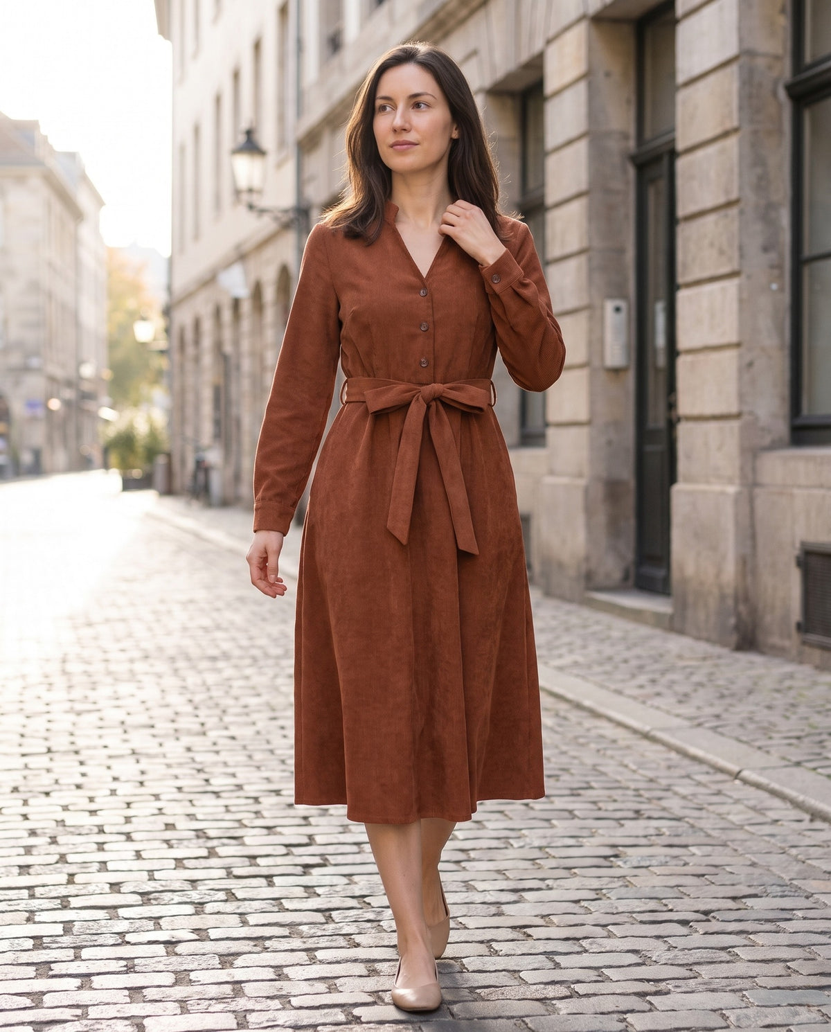 Marigold Corduroy Tie Waist V Neck Midi Dress — Brown, view 6