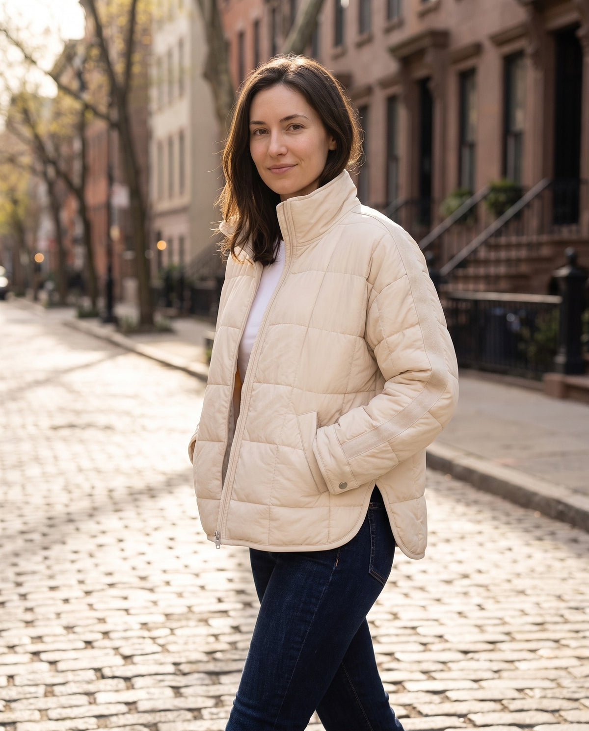 Mirabel Oversized Quilted Zip-Up Jacket with Stand Collar — Cream, view 6
