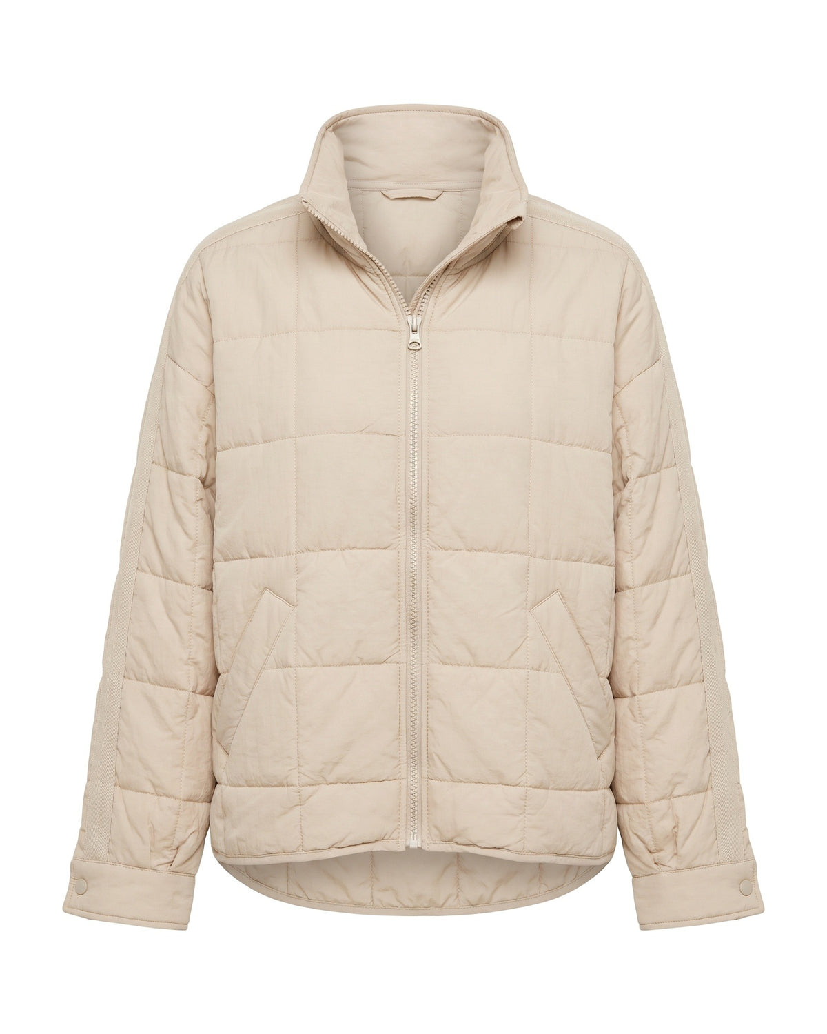 Mirabel Oversized Quilted Zip-Up Jacket with Stand Collar — Cream, front view