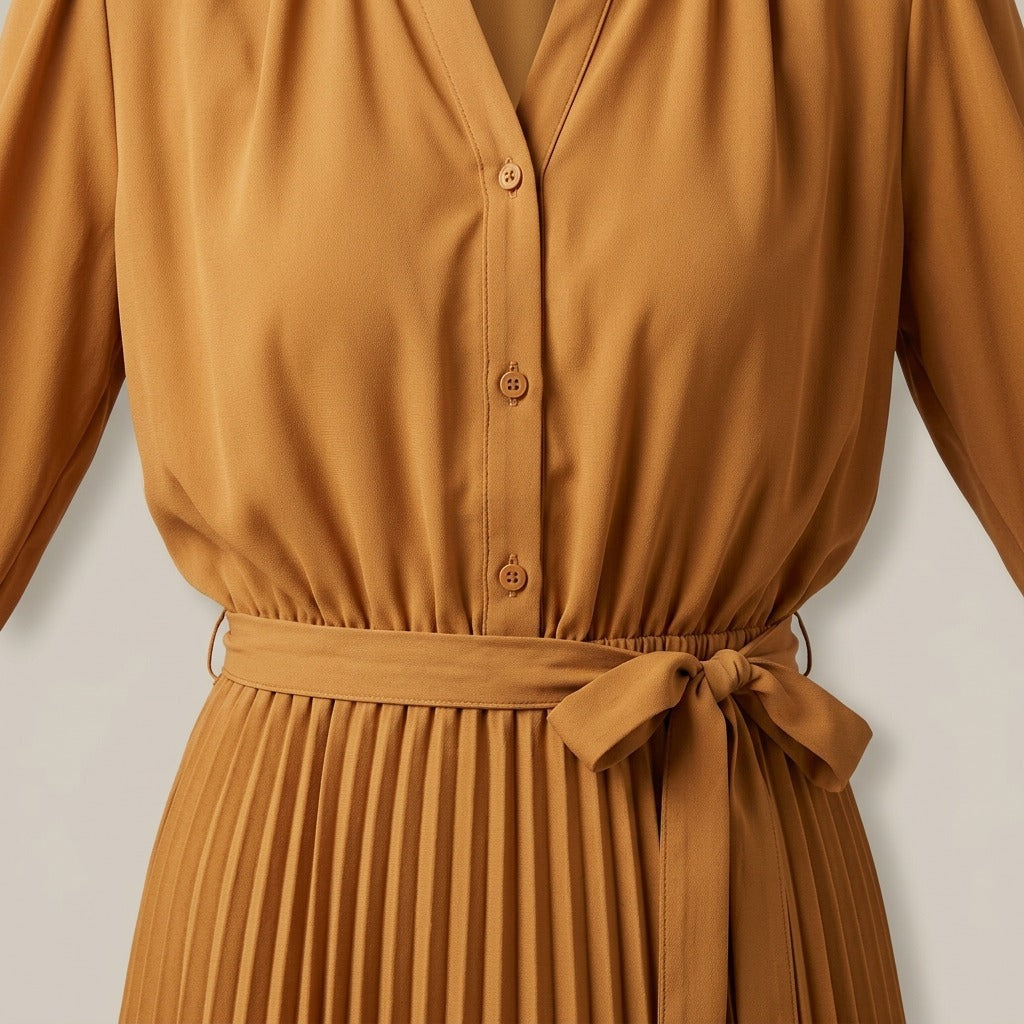 Philippa Pleated Puff Sleeve Tie Waist Midi Dress — Caramel, view 4