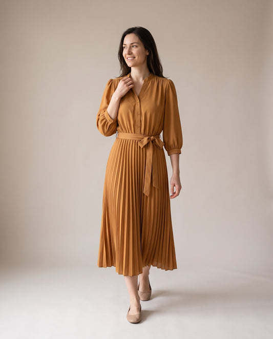 Philippa Pleated Puff Sleeve Tie Waist Midi Dress — Caramel, view 5
