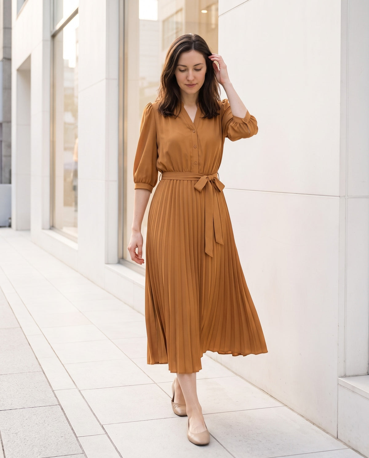 Philippa Pleated Puff Sleeve Tie Waist Midi Dress — Caramel, view 6