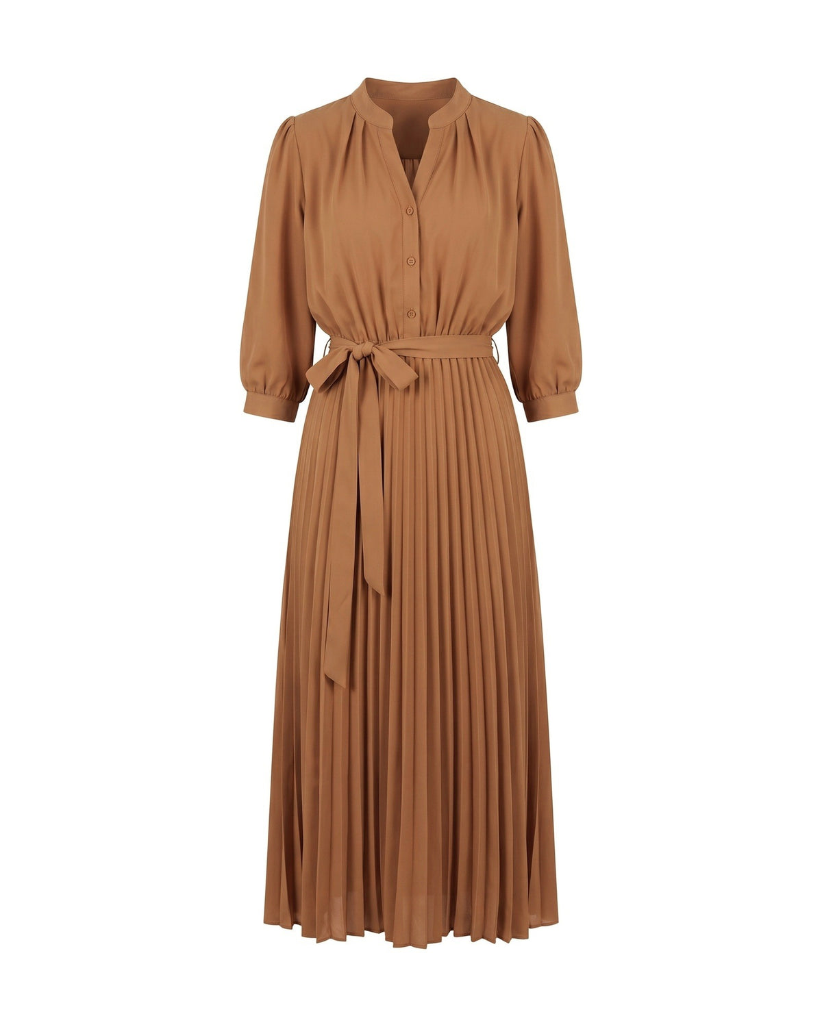 Philippa Pleated Puff Sleeve Tie Waist Midi Dress — Caramel, front view