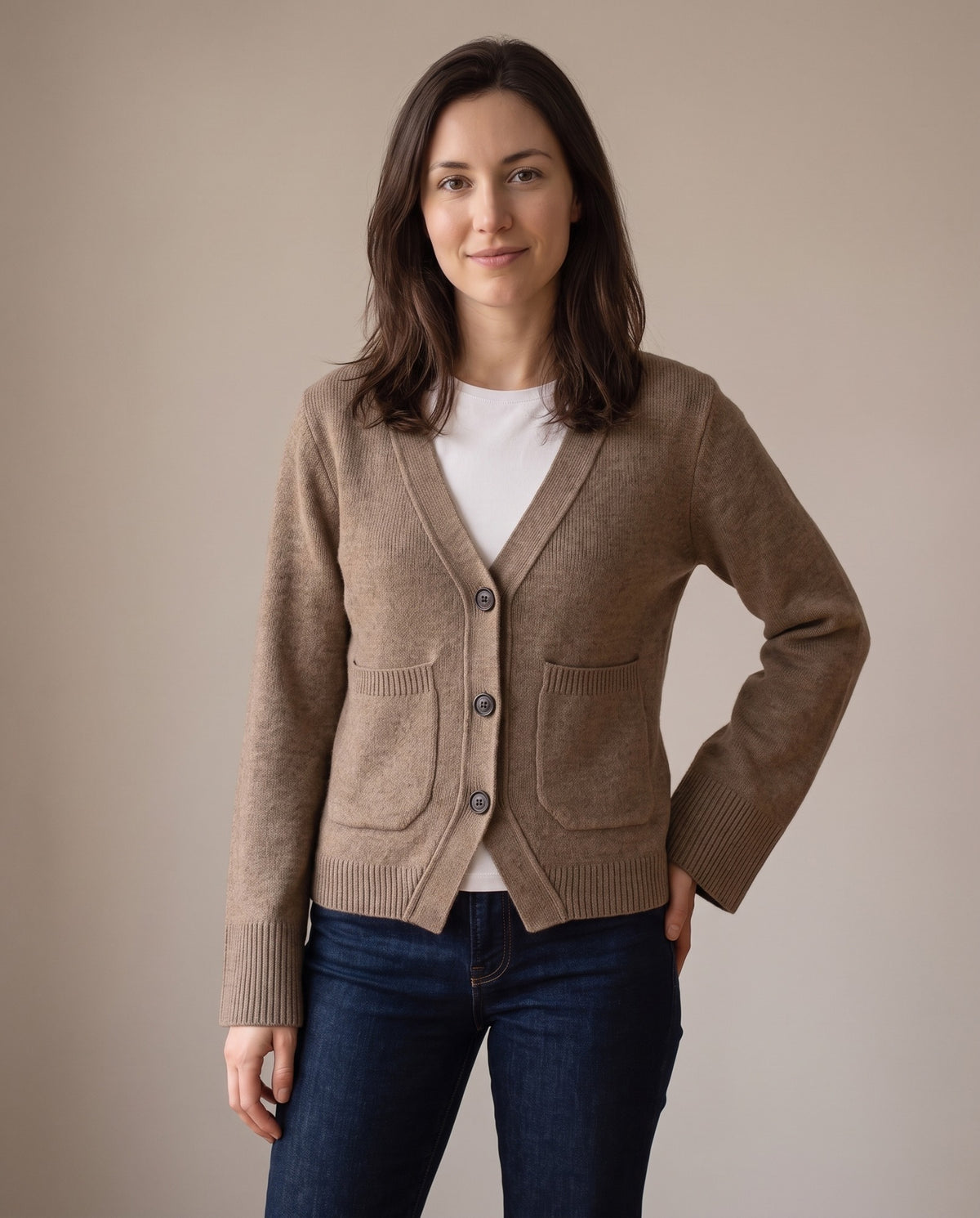 Sylvie Deep V-Neck Cropped Cardigan with Pockets — Taupe, view 5