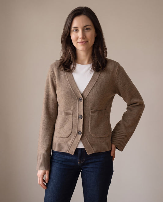 Sylvie Deep V-Neck Cropped Cardigan with Pockets — Taupe, view 5