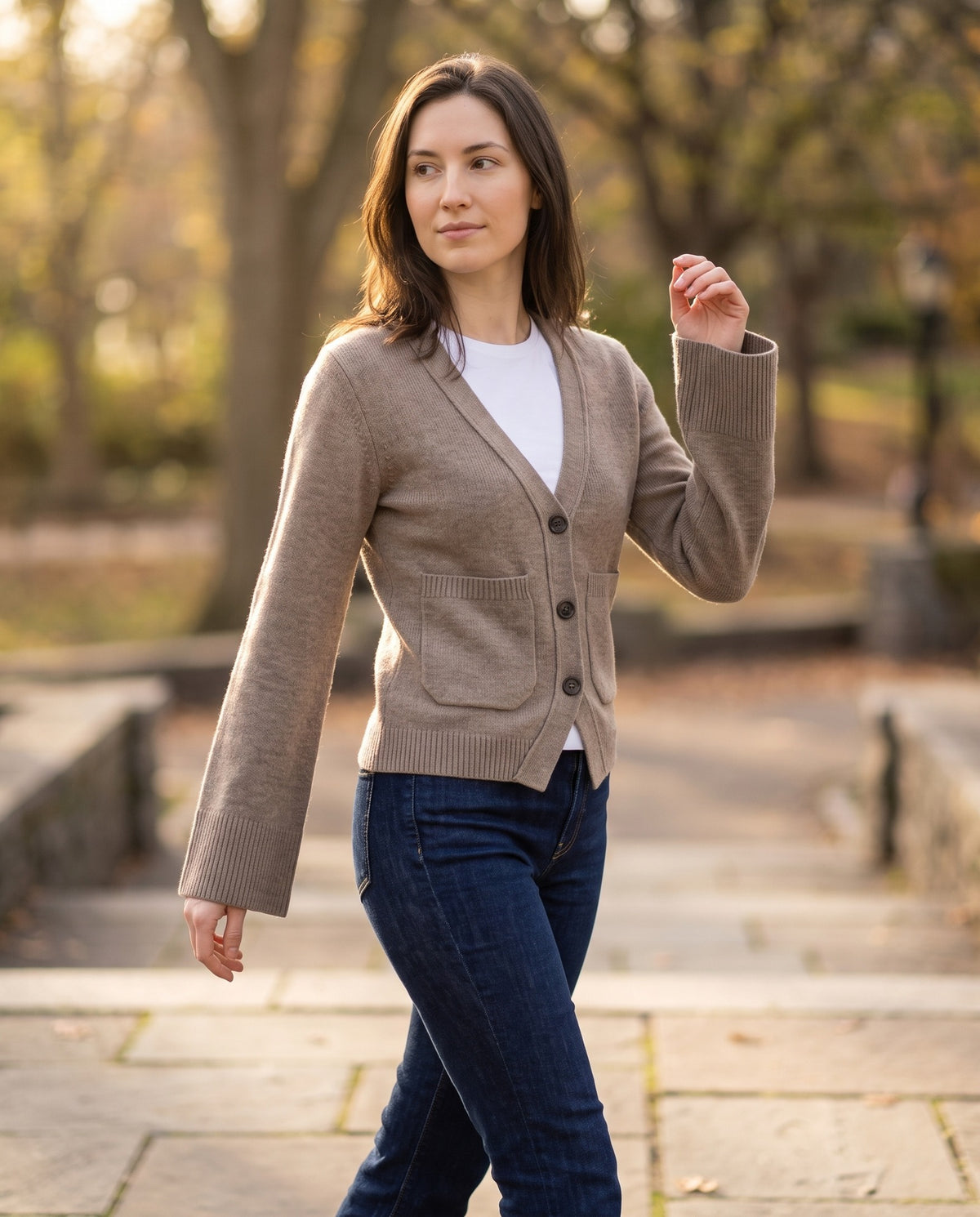 Sylvie Deep V-Neck Cropped Cardigan with Pockets — Taupe, view 6