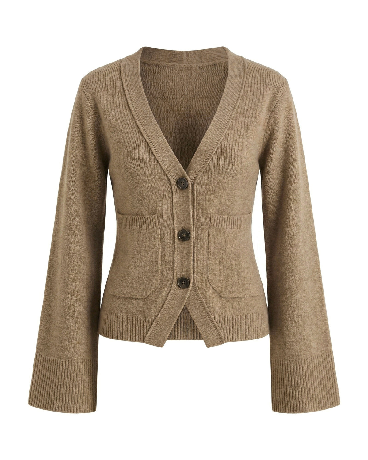 Sylvie Deep V-Neck Cropped Cardigan with Pockets — Taupe, front view