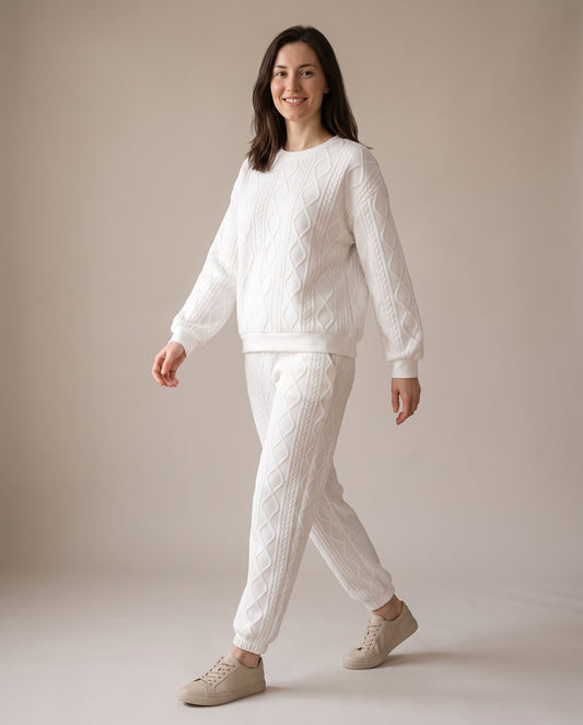 Winifred Cable Knit Crewneck Sweater and Jogger Pants Set — White, view 5